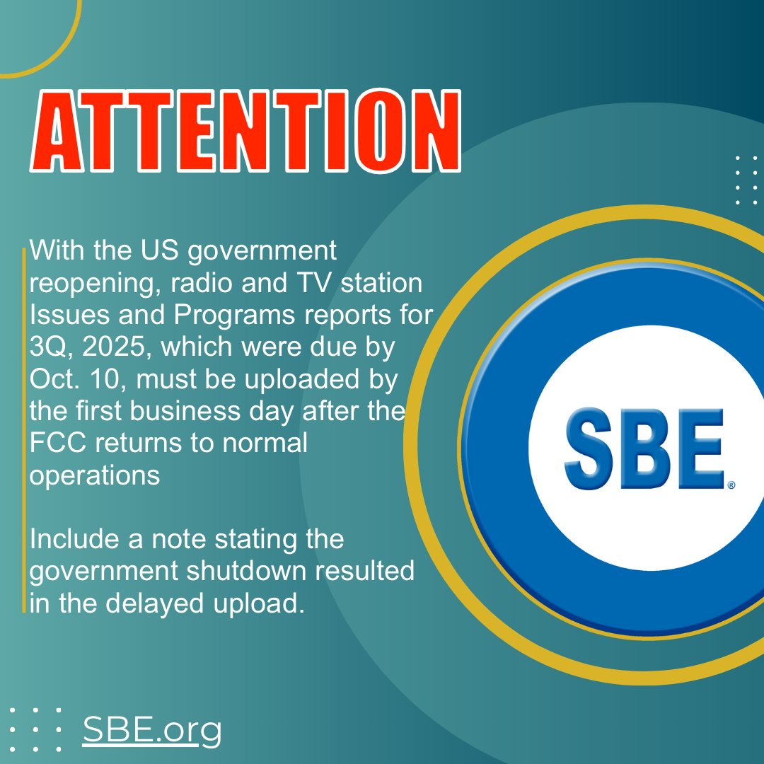 SBEorg's tweet image. This could be as early at Friday Nov. 14, 2025.

#BroadcastEngineering
#BroadcastTech
#Broadcasting
#RadioTech
#TVTech