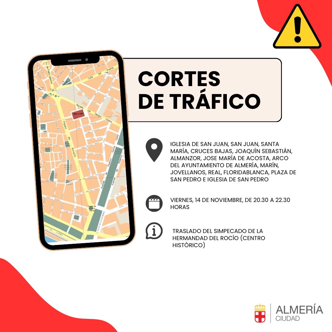 aytoalm's tweet photo. 🚨 ATENCIÓN 

⛔️ Estos son los cortes de tráfico previstos para mañana en nuestra ciudad.

🙏 Disculpen las molestias. https://t.co/51BdHlYvet