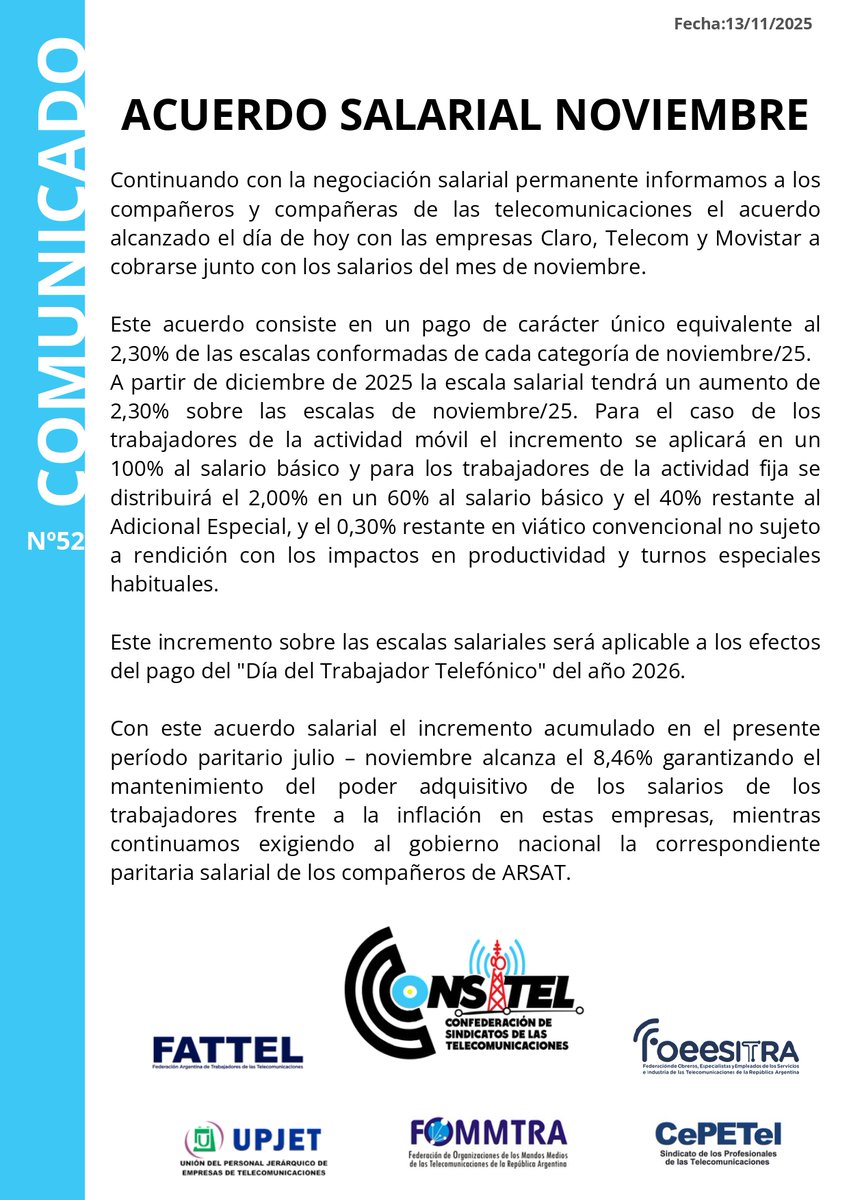 NUEVO ACUERDO SALARIAL   Compartimos comunicado de la #CONSITEL