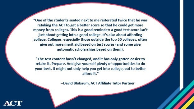 ACT's tweet image. First-hand experience matters when prepping students for the ACT.
See what ACT Affiliate Tutor Partner David Blobaum said about the enhanced ACT test. 
Late registration is open until November 24 for the December 13 ACT. Register now! Link in the comments.
#ACT #ACTprep #ACTtutor
