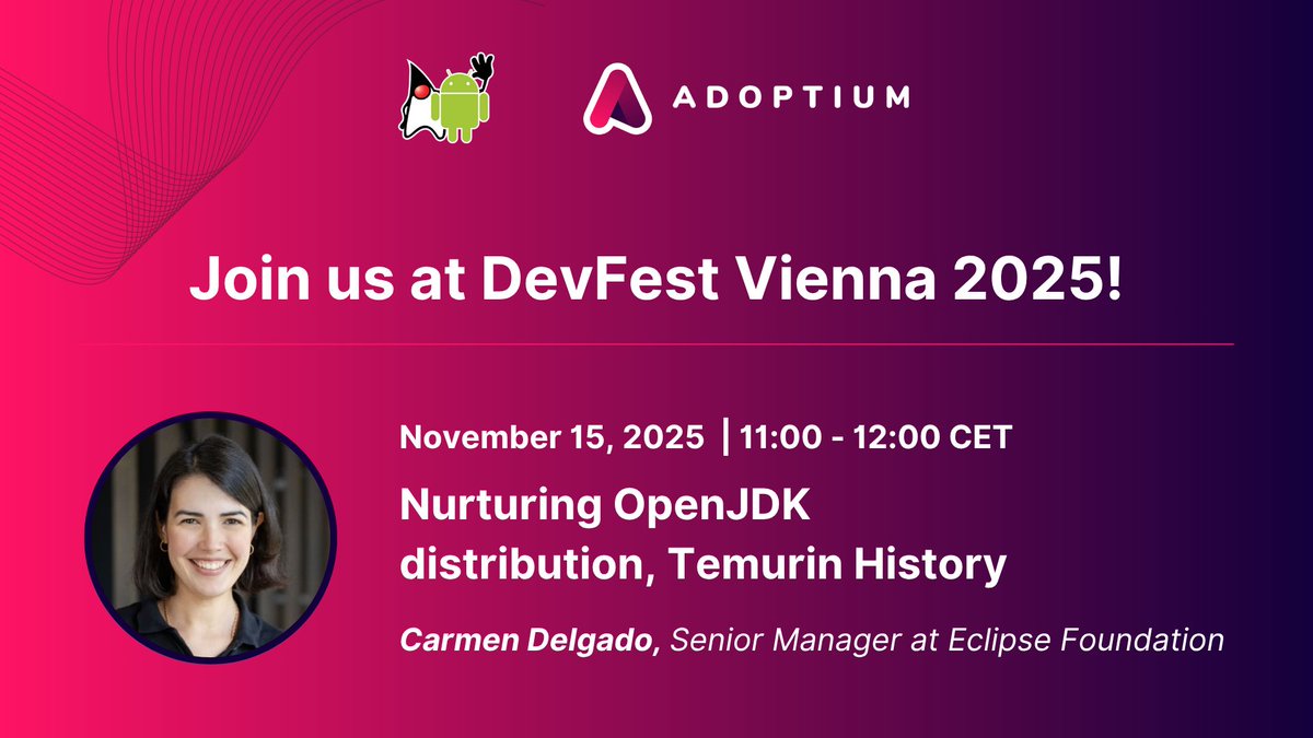 How are OpenJDK distributions nurtured to ensure enterprise-grade reliability?

At <a href="/DevFestVienna/">DevFest Vienna</a>, <a href="/cldelgadop/">Carmen Delgado</a> will uncover the evolution of #EclipseTemurin, from its origins to becoming one of the most trusted TCK-tested Java runtimes in the ecosystem.
🗓️ Join her on Saturday,