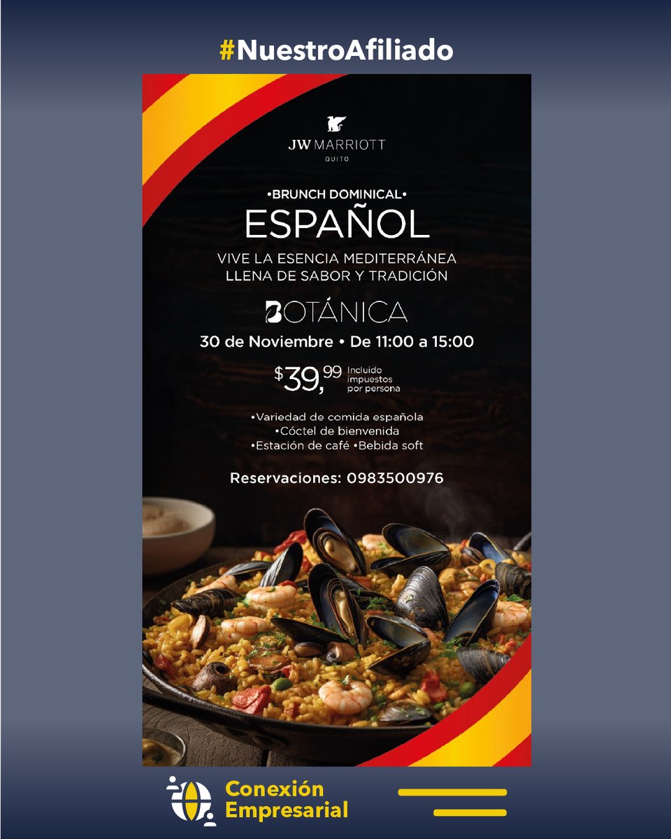 💼 Conexión Empresarial | *¡Vive la esencia mediterránea en Quito!* 🇪🇸

Nuestro afiliado <a href="/JWMarriottQuito/">JW Marriott Quito</a> , organiza un Brunch Dominical Español, este 30 de noviembre, en el restaurante Botánica del JW Marriott Quito.

📲 098 350 0976