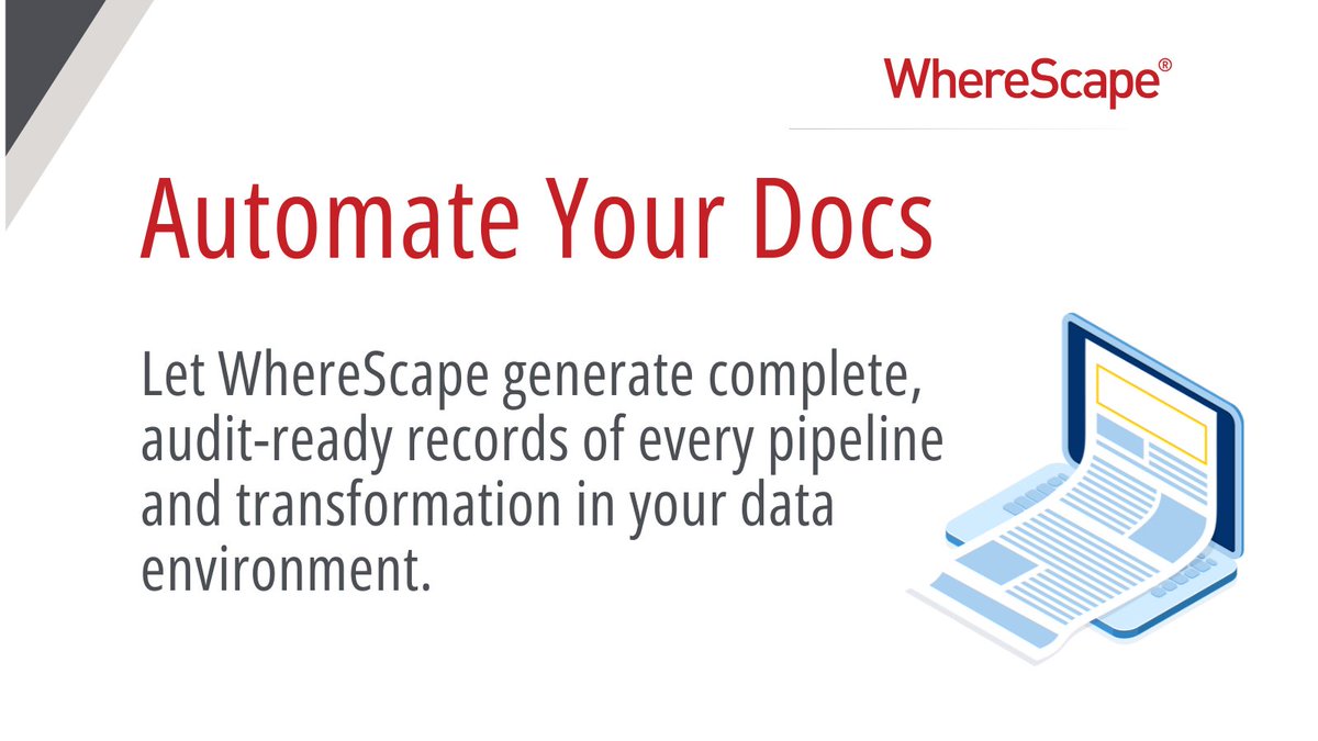 wherescape's tweet image. Automate documentation in real time with WhereScape! ✔ One-click updates ✔ End-to-end lineage ✔ Built-in compliance 🔗 Learn more: ow.ly/wajO50Xp6Za #DataAutomation #DataGovernance #MetadataManagement #Documentation #ETL #DataLineage #DataOps #AgileData  #AuditReady