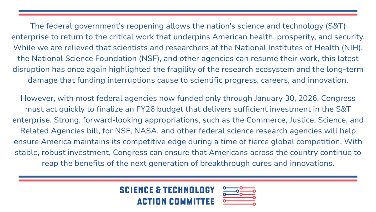SciTechAction's tweet image. STAC’s statement on the government reopening: