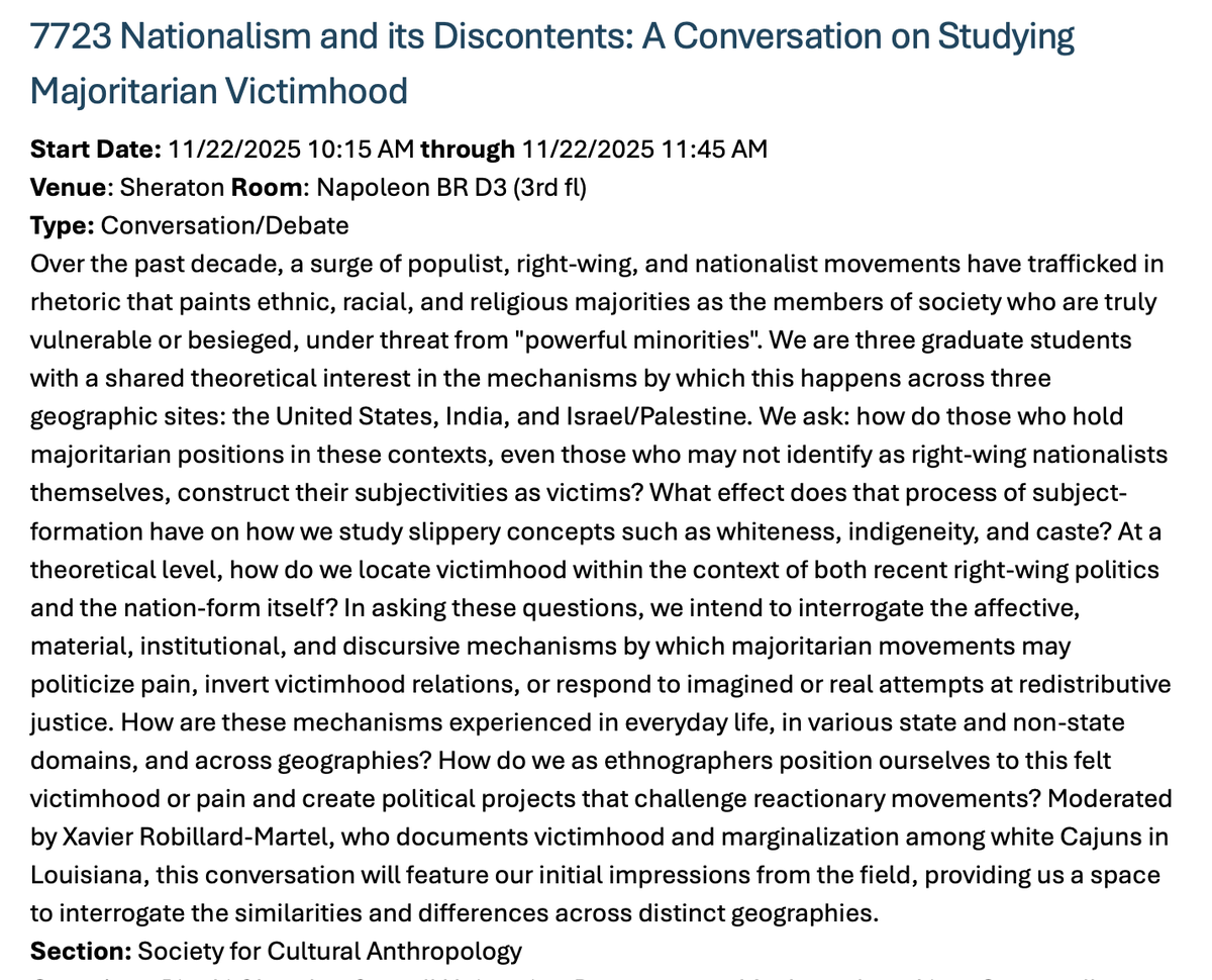 anthros! please come to our conversation next week on saturday morning at <a href="/AmericanAnthro/">American Anthropological Association</a> in NOLA. this will be a space for us to think though the problems and potentials of studying victimhood discourse~~we want your perspectives! <a href="/culanth/">Society for Cultural Anthropology</a>