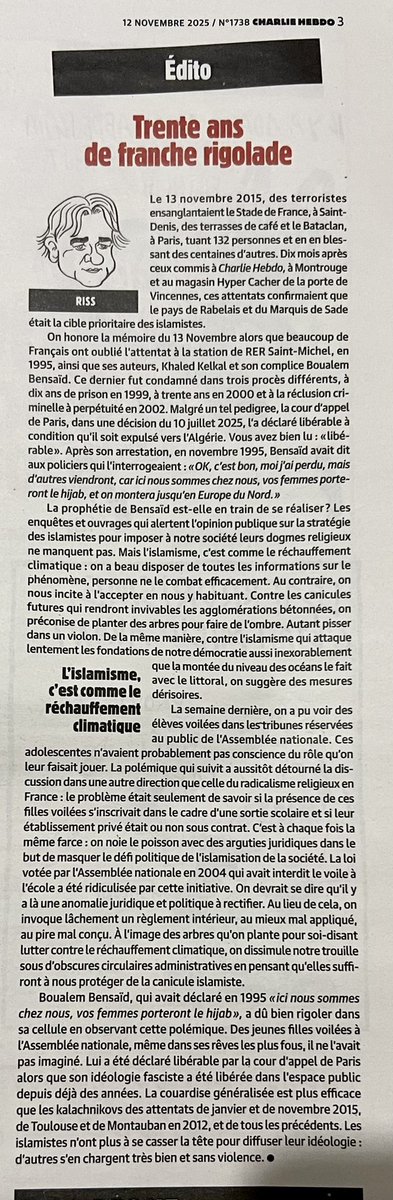 JanisEnsucre's tweet image. « L'islamisme, c’est comme le réchauffement climatique » …
Excellent édito de Riss. 

Cette obstination du déni par certains, ça ne vous rappelle pas un film ?…