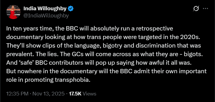 in ten years time, the bcc will absolutely run a retrospective documentary looking at how trans ideology fooled so many people in the 2020's. they'll show clips of the misogynist transvestites that were prevalent. they'll come across as what they are - men.