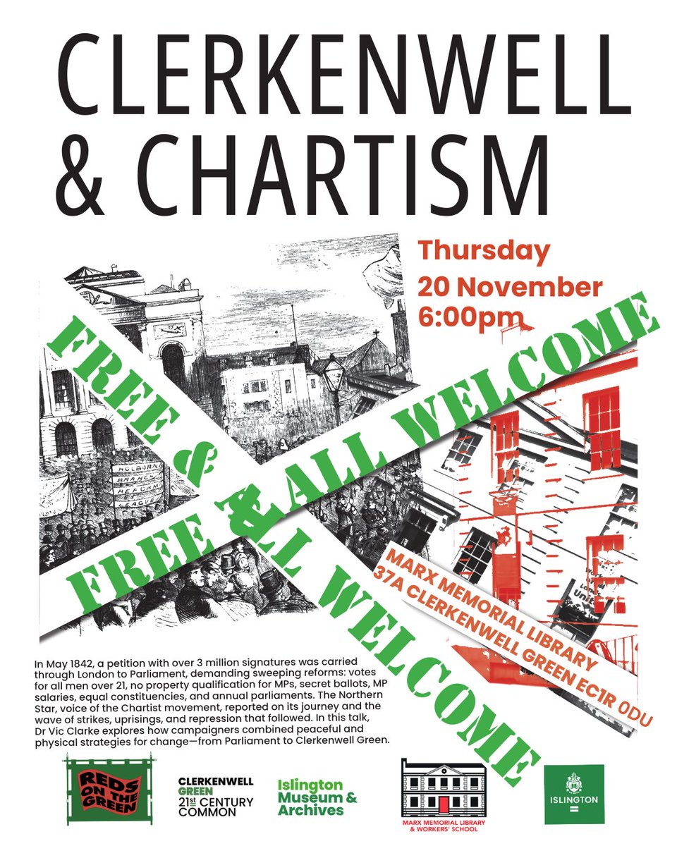 Clerkenwell &amp; Chartism – the next Reds on the Green event! <a href="/MarxLibrary/">MarxMemorialLibrary</a> 
Come and explore local stories, groundbreaking ideas and people who made history.
Thursday 20th November, 6pm
Free, all welcome. No booking necessary, just turn up!
ec1echo.co.uk/clerkenwell-ch…