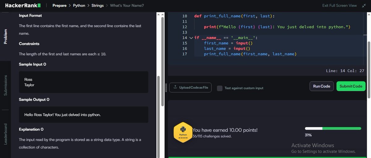 MRout75802's tweet image. Day 53/100 ✅
💡 Challenge: What&apos;s Your Name?
Learned to:
🔹 Take multiple string inputs and pass them as function arguments
🔹 Use f-strings for clean and formatted output
#Python #100DaysOfCode #HackerRank #ProblemSolving #zigbee