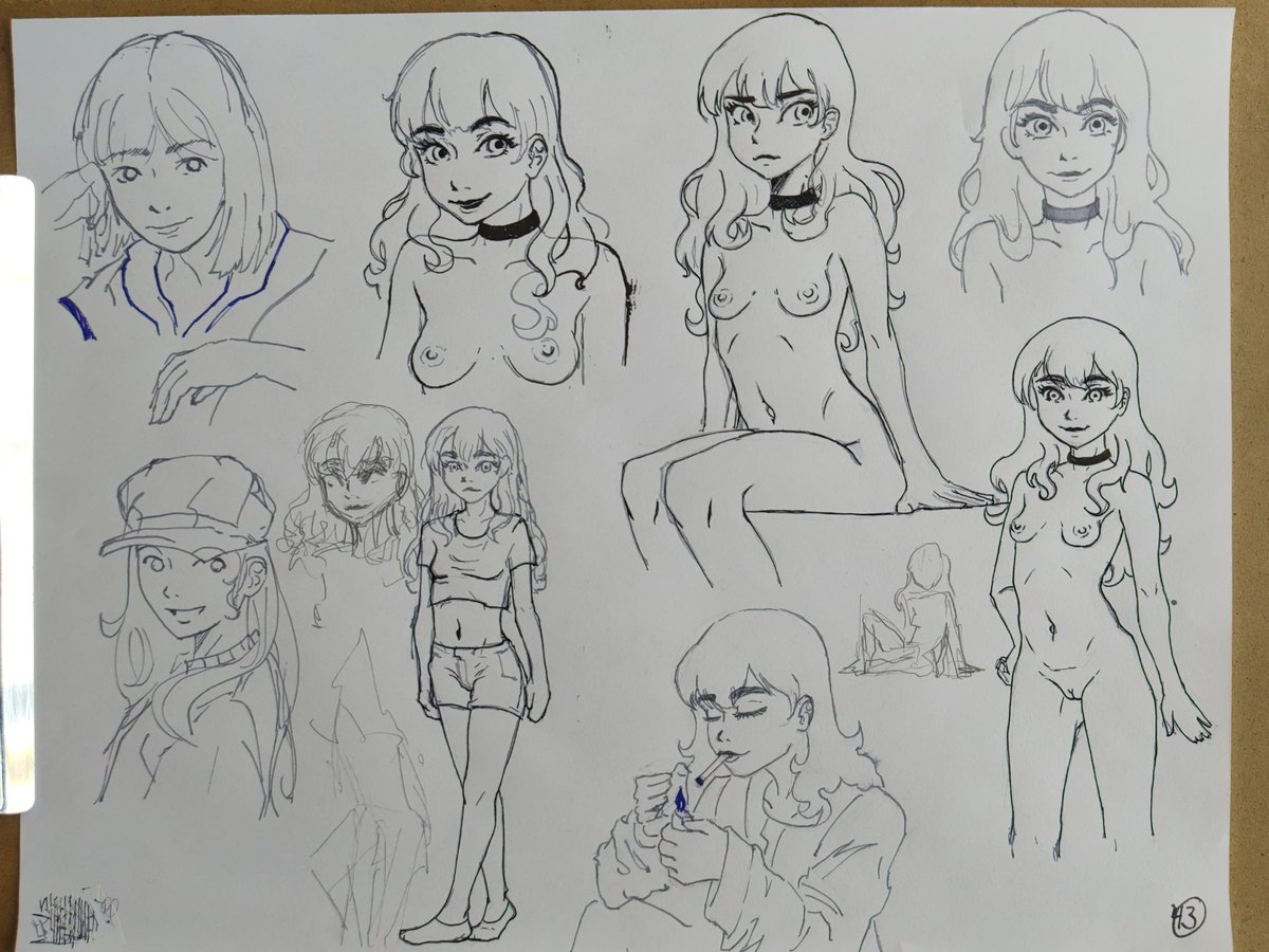 Rkgk sheet n°43  I think I hit it in middle of the target with the up-right corner sketch :D, it shows Miyumi exactly as I would like to project her, that energy and attitude! thats her! -the smoking one I like it too~  #dailysketch #sketch #sketchart #rkgk #fountainpen #ink