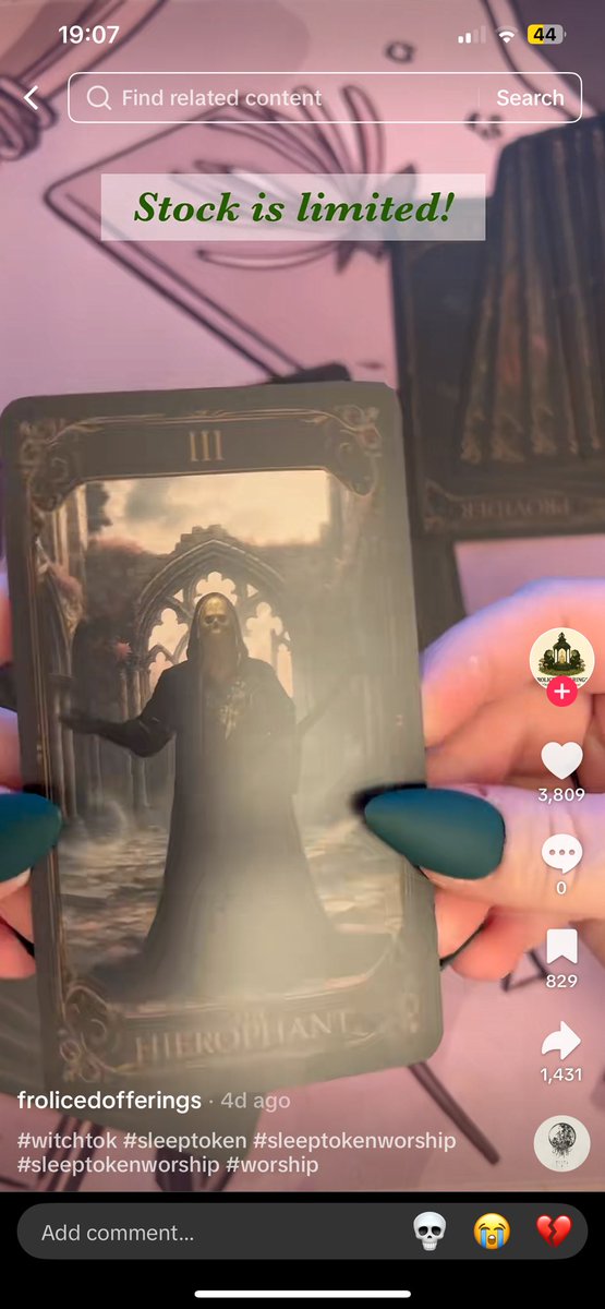Sam_sun1567's tweet image. Please beware that there is someone on Tiktok selling a Sleep Token tarot deck that is created by ai.
They claim to be the artist but after I spoke to them in their comment section pointing out obvious AI signs they turned off their comments.
This is their account:
