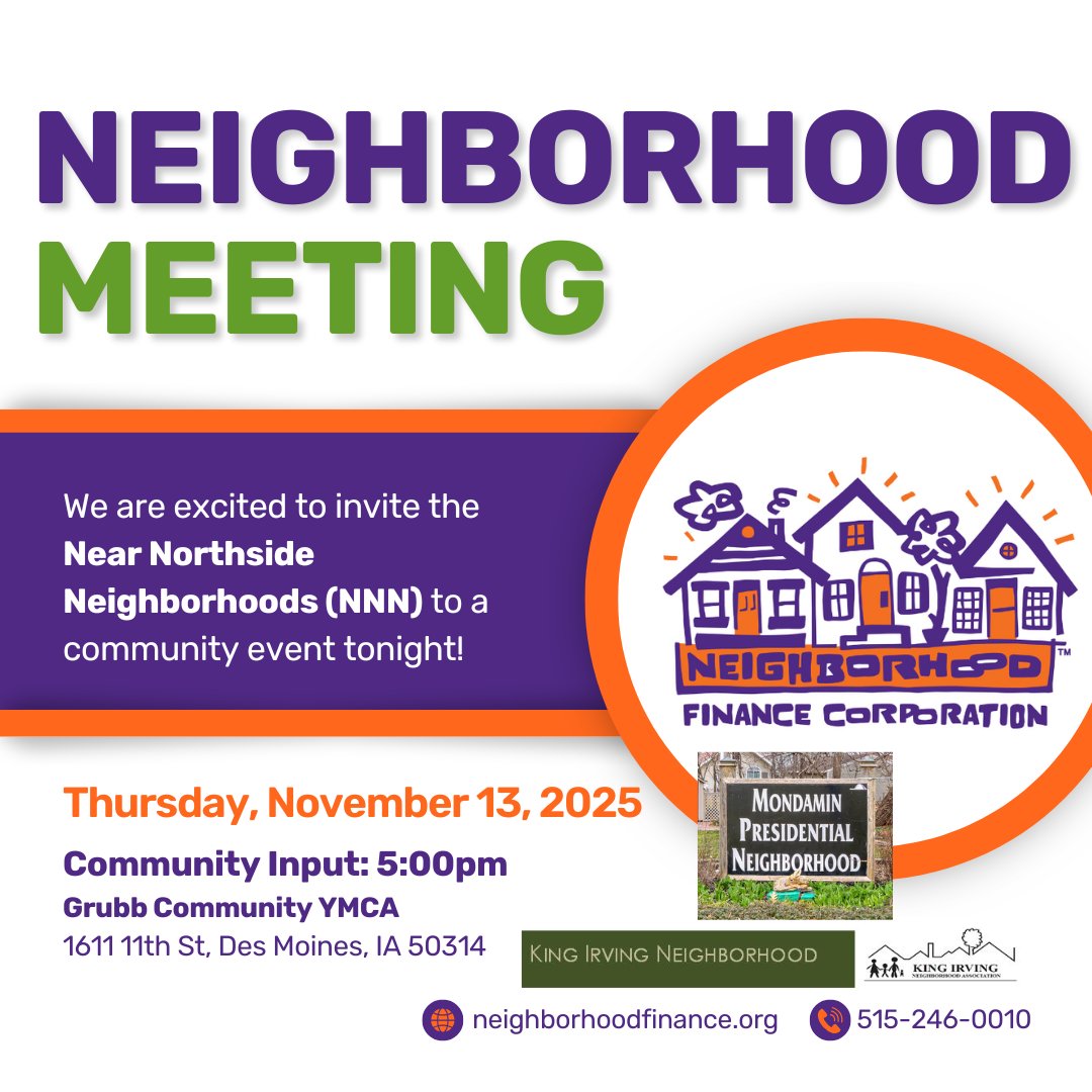 📣 Near Northside neighbors — we want to hear from you!
🏡 NFC Properties owns the empty lots near 1200 15th Pl. and is collaborating with <a href="/GrinnellCollege/">Grinnell College</a>  students to gather community feedback &amp; ideas from residents in the area. See you tonight!
NMLS# 8943 Equal Housing Lender