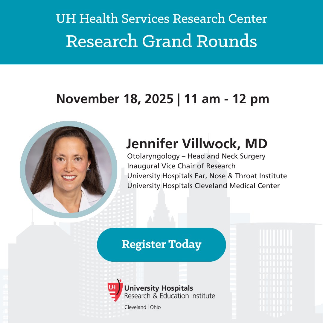 Join us for the next Research Grand Rounds featuring Jennifer Villwock, MD, Vice Chair of Research at <a href="/UHcleENT/">University Hospitals Otolaryngology</a>. Register to learn more on groundbreaking work on patient-centric, accessible medicine and sensory biomarkers for cognitive health: uhhospitals.zoom.us/webinar/regist…