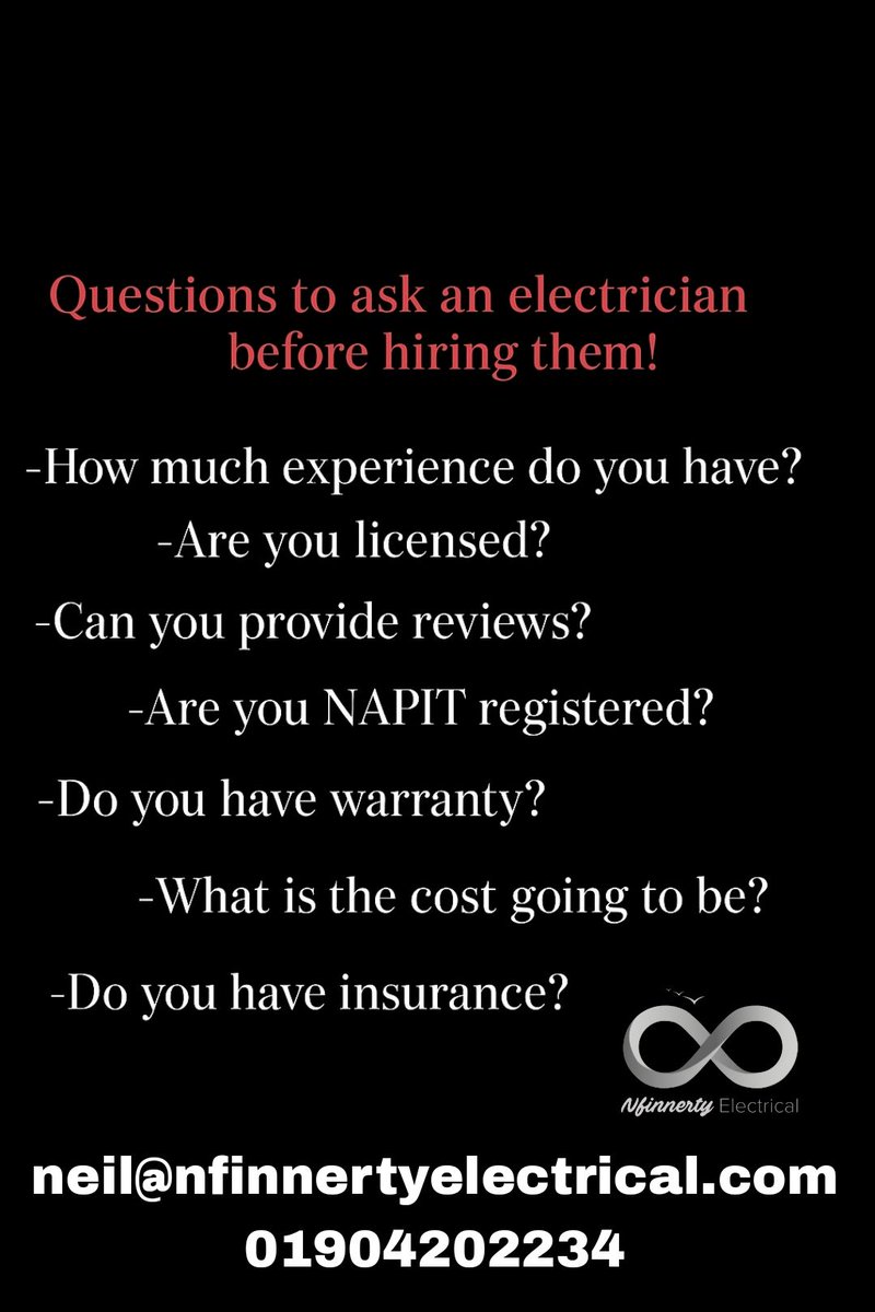 Thinking of hiring an electrician?
Before you decide, make sure you ask the right questions to protect your home and your money.
Don’t take risks when it comes to electrics!
Nfinnerty Electrical — Power you can trust!
