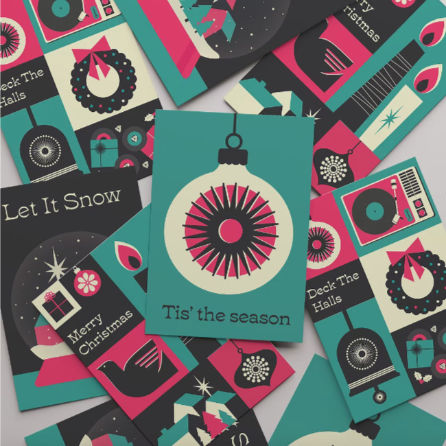 RetroToGo's tweet image. To be honest, there’s a lot to appreciate on her website, but it seems a good time to mention these retro Christmas cards by Gail Myerscough, now available in a new set of colours. Oh yes, there&apos;s matching gift wrap too. bit.ly/4nTbMKm