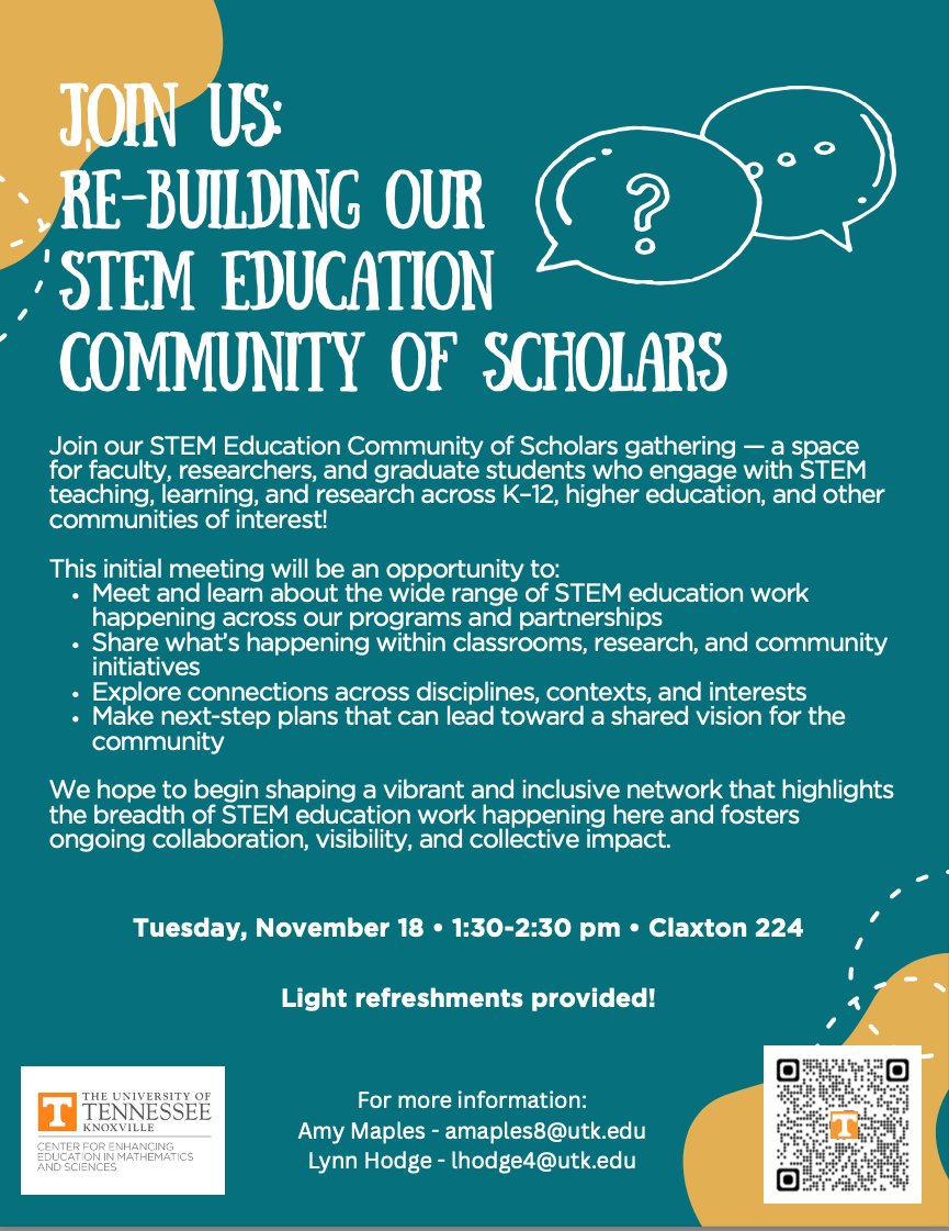 Join @ceems for their Community of Scholars event! College students, educators, and other professionals involved in STEM education are invited to join and connect with others, share STEM happenings, and network. Light refreshments provided!