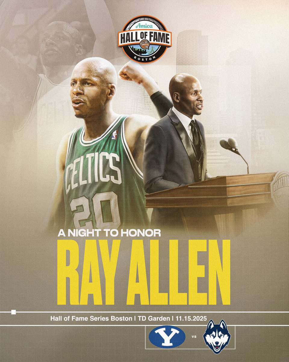 Hoophall's tweet image. Legendary @UConnMBB and @celtics guard and Naismith Basketball Hall of Famer Ray Allen will be honored during a special celebration at the 2025 Amica Insurance @hofseries Boston. 

#HOFSeries | #18HoopClass