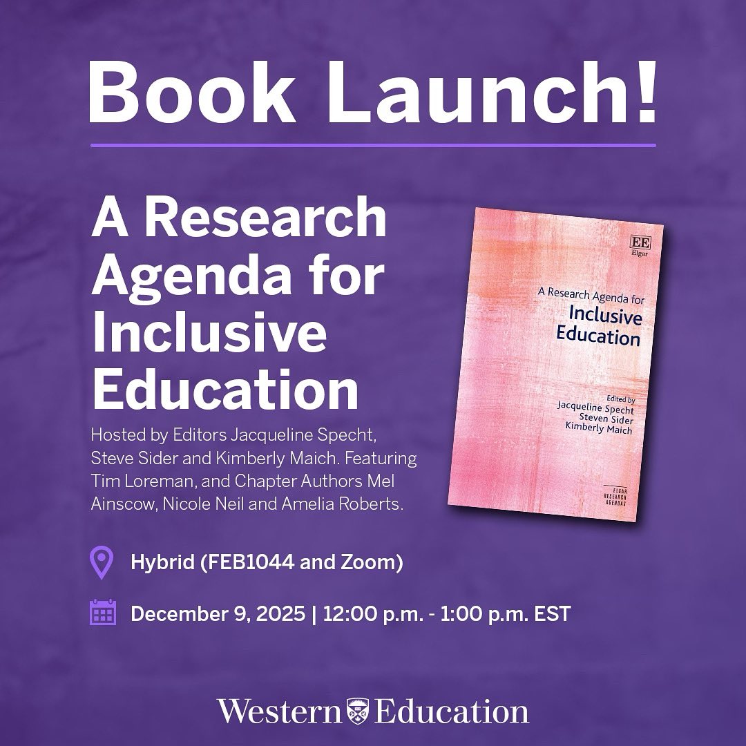 We’re excited to celebrate the release of A Research Agenda for Inclusive Education, Co-edited by <a href="/JacquelineSpec9/">Jacqueline Specht</a>,  <a href="/drstevesider/">Steve Sider</a> and <a href="/kimberlymaich/">Kimberly Anne</a>. Join us for the launch event featuring several chapter authors and contributors! 📚💜Register here: edu.uwo.ca/events/researc…