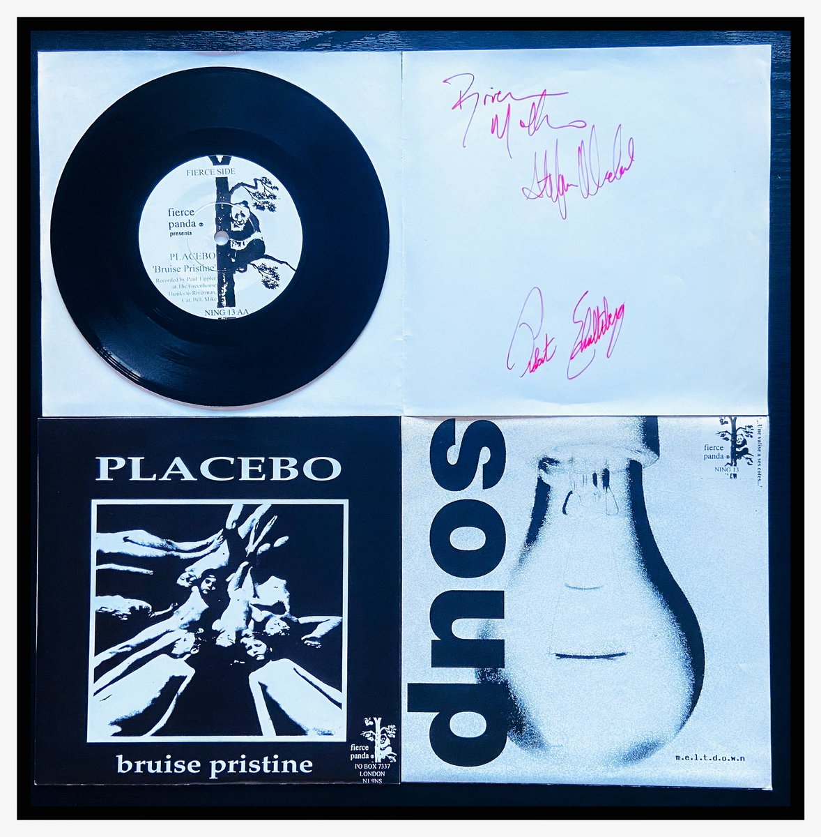 Happy belated 30th Anniversary to Placebo’s Bruise Pristine / Soup M.E.L.T.D.O.W.N released by Fierce Panda 30th Oct ‘95, ltd 1500 copies. Signed by Brian Molko, Stefan Olsdal, Robert Schultzberg #Placebo30 #Placebo 
 #StefanOlsdal #RobertSchultzberg #Placebo1995 #BruisePristine