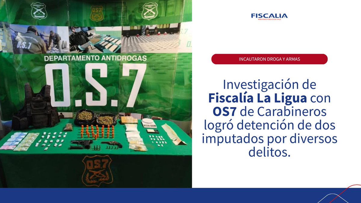 FRValparaiso's tweet image. 📢 Fiscalía de #LaLigua logró junto a #OS7 #Aconcagua detener a dos imputados por tráfico de drogas y ley de control de armas,amos chilenos.
📌Se incautaron diferentes drogas como marihuana elaborada, pasta base cocaína, clorhidrato de cocaína, THC y comprimidos de Clonazepam.