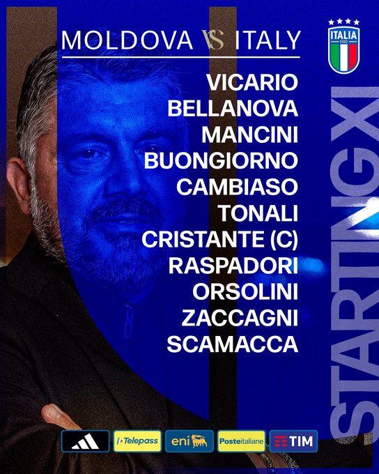 Graphic displays Moldova versus Italy match with Italian flag and blue background Vicario listed as goalkeeper followed by defenders Bellanova Mancini Buongiorno Cambiaso midfielders Tonali Cristante marked as captain Raspadori Zaccagni and forward Scamacca all labeled as starting XI sponsor logos including Adidas Eni Poste Italiane TIM at bottom