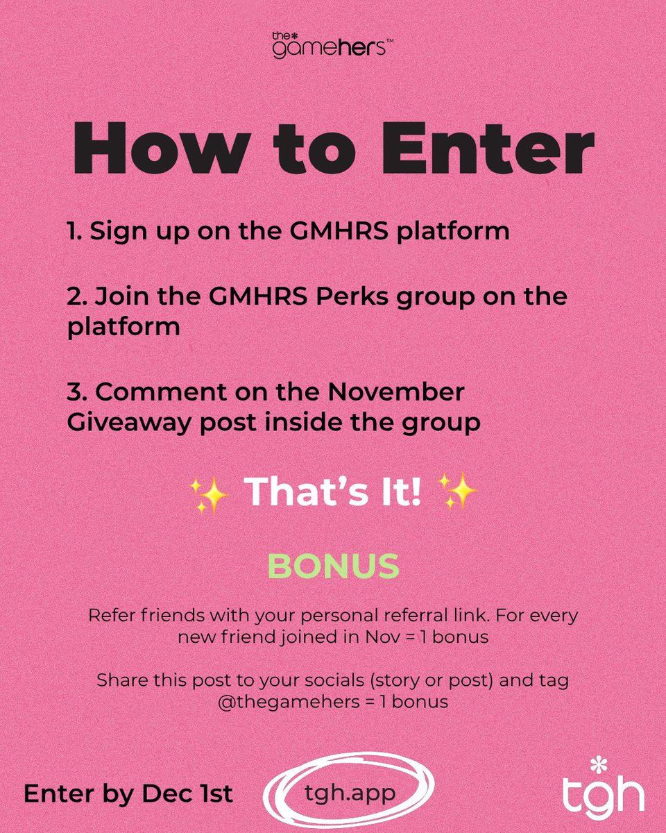 thegamehers's tweet image. 🚨 NOVEMBER GIVEAWAY REMINDER 🚨
How to enter: ➡️bit.ly/GMHRSPS5 
1⃣ Join the GMHRS Perks group on the platform  
2⃣ Comment on the November Giveaway post inside the group  
Already in app? Just make sure you’re in the GMHRS Perks + drop a comment 💬