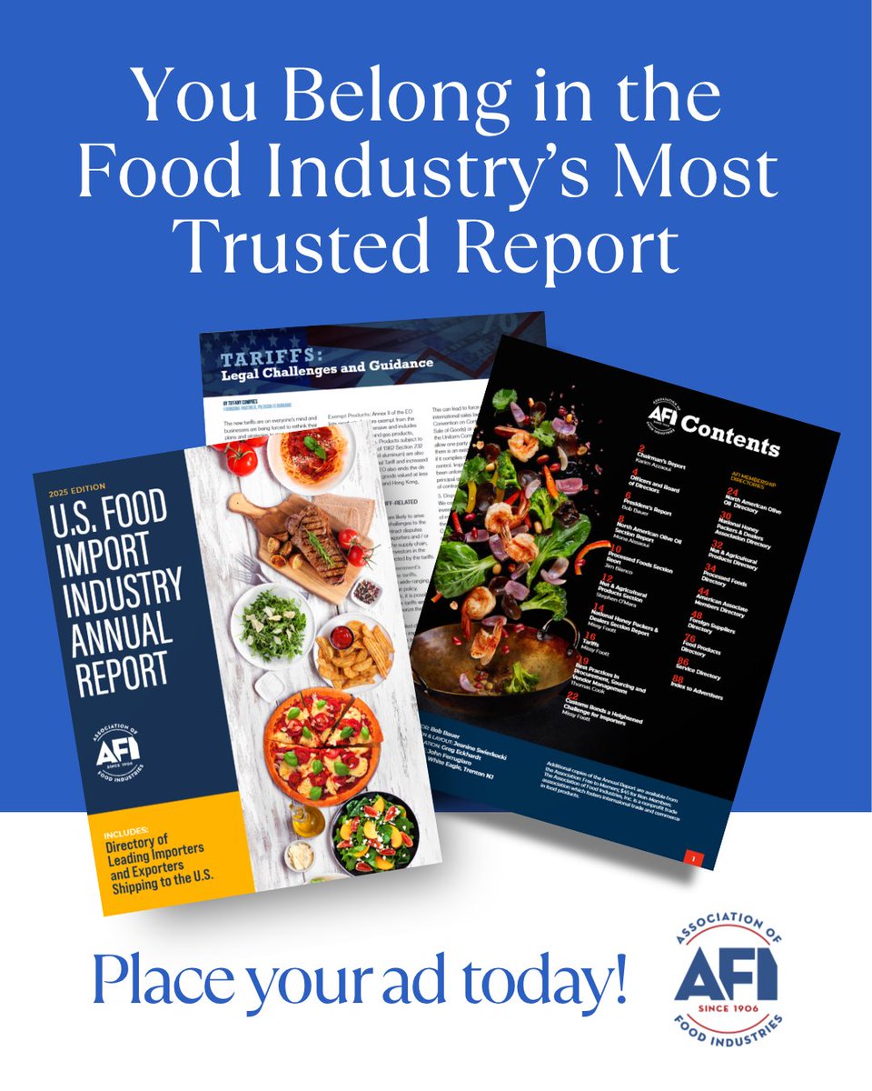 Be seen by the companies driving the global food trade with visibility that lasts all year. Reserve your ad today.
Go to tinyurl.com/s2399kzz
#foodimports #advertise #afi #foodindustries #tariffs #fspca #honey #oliveoil #agriculture #nuts #processedfoods