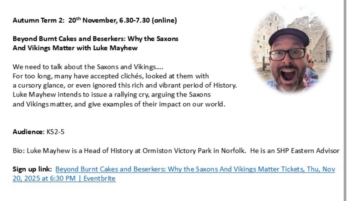 Beyond Burnt Cake and Beserkers: Why the Saxons and Vikings Matter with Luke Mayhew 

Sign up for this fantastic event taking place next Thursday at 6.30

eventbrite.co.uk/e/beyond-burnt…

<a href="/histassoc/">Historical Assoc</a>