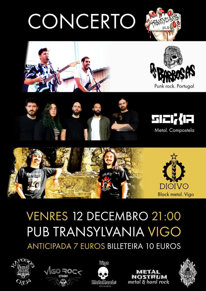 Xa queda menos dun mes ⏳ Mil grazas a Musik Attack, Metal Nostrum, Vigo Metalheads, Vigo Rock Crew e Raposos Crew por apoiar o bolo, ao Transy por acollelo e a Sicixia e Os Barbosas por compartir escenario unha vez máis. Collede a vosa anticipada por 7€ falándonos por privado!