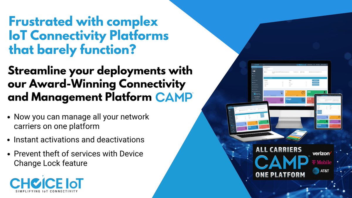 ChoiceIoT's tweet image. Streamline your deployments with @ChoiceIoT&apos;s Award-Winning Connectivity and Management Platform, #CAMP.
Learn more at hubs.ly/Q03T1nw70
#IoT #iotconnectivity #verizon #att #tmobile #multicarriersim #5G #iotsim #choiceiot