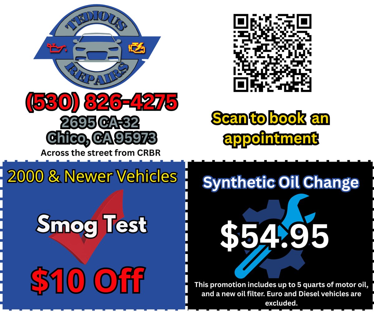 TediousRepairs's tweet image. Thank you for calling Tedious Auto Repair.
We utilize online kiosks to collect your vehicle’s information.

To book an appointment, please use this link:
👉 booking.tekmetric.com/?shop=172f148b…

To generate a quote, please use this link:
👉 tediousrepairs.com/check-in-sheet