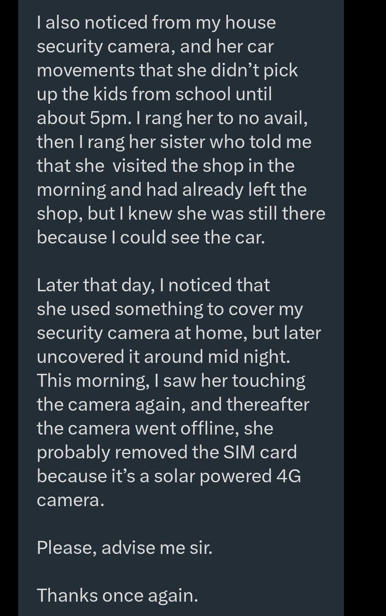 jon_d_doe's tweet image. Your wife is cheating on you.

You don&apos;t live in Nigeria.

If you doubt me, hire a PI to monitor your wife.

Then come back to me, to share the results of your PI&apos;s findings.

End.