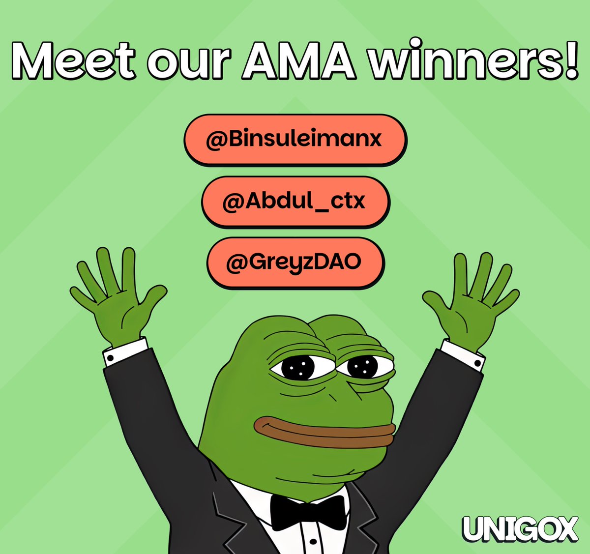 Congratulations to the winners of yesterday's AMA!

<a href="/Binsuleimanx/">Binsuleiman</a>
@Abdul_ctx
<a href="/GreyzDAO/">Grey ⚡️|| TOKICARDAI 💳</a> 

Please DM us with your UNIGOX username to claim your prize! 🎁