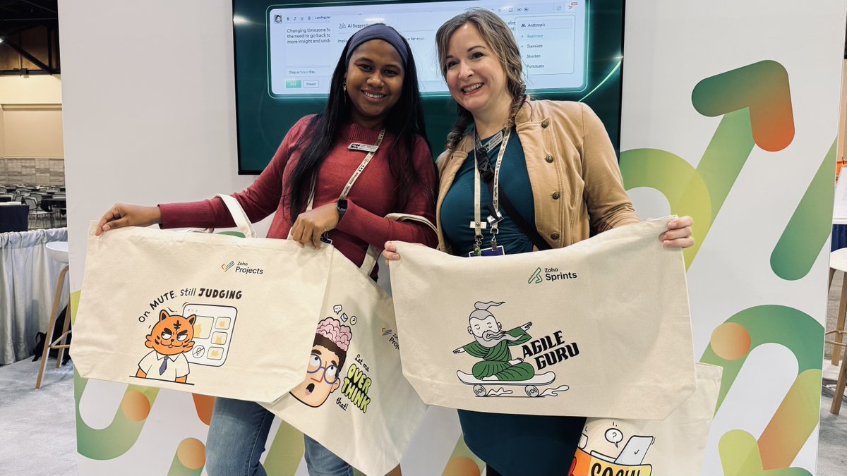 ZohoProjects's tweet image. The buzz is on at #PMIGlobalSummit! ✨ Come say hi at the Zoho Projects booth and pick up your custom tote - 5 fun designs waiting for you! 🎨 #ProjectManagement #PMI2025