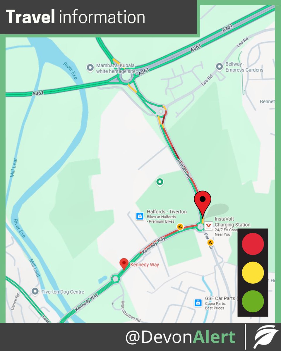 DevonAlert's tweet image. 18:32 13/11/25 #Devon There are reports of congestion  at Bolham Road/Kennedy Way  Tiverton due to issues with the temporary traffic lights and contractors are on route. Please approach with caution as wait times may be longer than normally expected. @StagecoachSW @BBCDevon