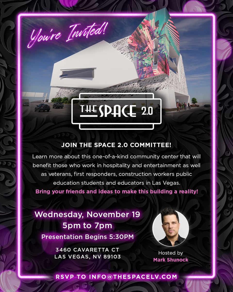 MarkShunock's tweet photo. Join The Space 2.0 Committee!

On Wednesday, Nov. 19, join me at @thespacelv to learn more about The Space 2.0. Join the committee to help make this building a reality!

Please spread the word. Bring friends, colleagues &amp; ideas!

RSVP: info@thespaceLV.com
https://t.co/pUcPVvv0DB https://t.co/j15mXUA17p