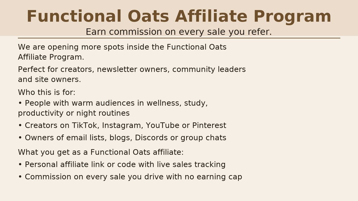 functionaloats2's tweet image. Opening more spots in the Functional Oats Affiliate Program 🥣

Warm audience in wellness, study, productivity or night routines?

Comment “AFFILIATE” + DM me your links and I’ll send details.

#affiliatemarketing #creatoreconomy #contentcreator