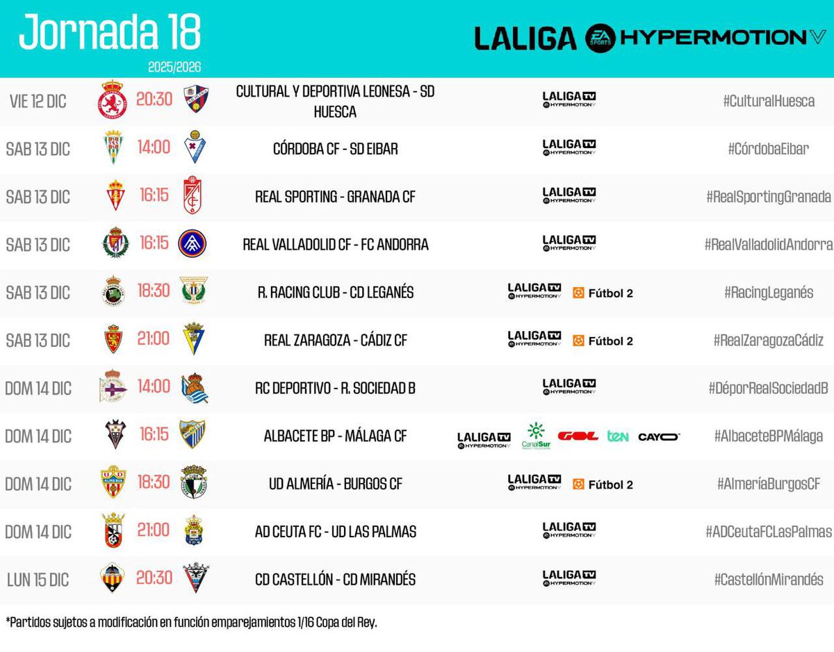 📆 HORARIO | El <a href="/realvalladolid/">Real Valladolid C.F.</a> recibirá al <a href="/fcandorra/">FC Andorra</a> en ZORRILLA el SÁBADO 13 de DICIEMBRE a las 16.15 horas en partido correspondiente a la Jornada 18 de <a href="/LaLiga2/">LALIGA HYPERMOTION</a>