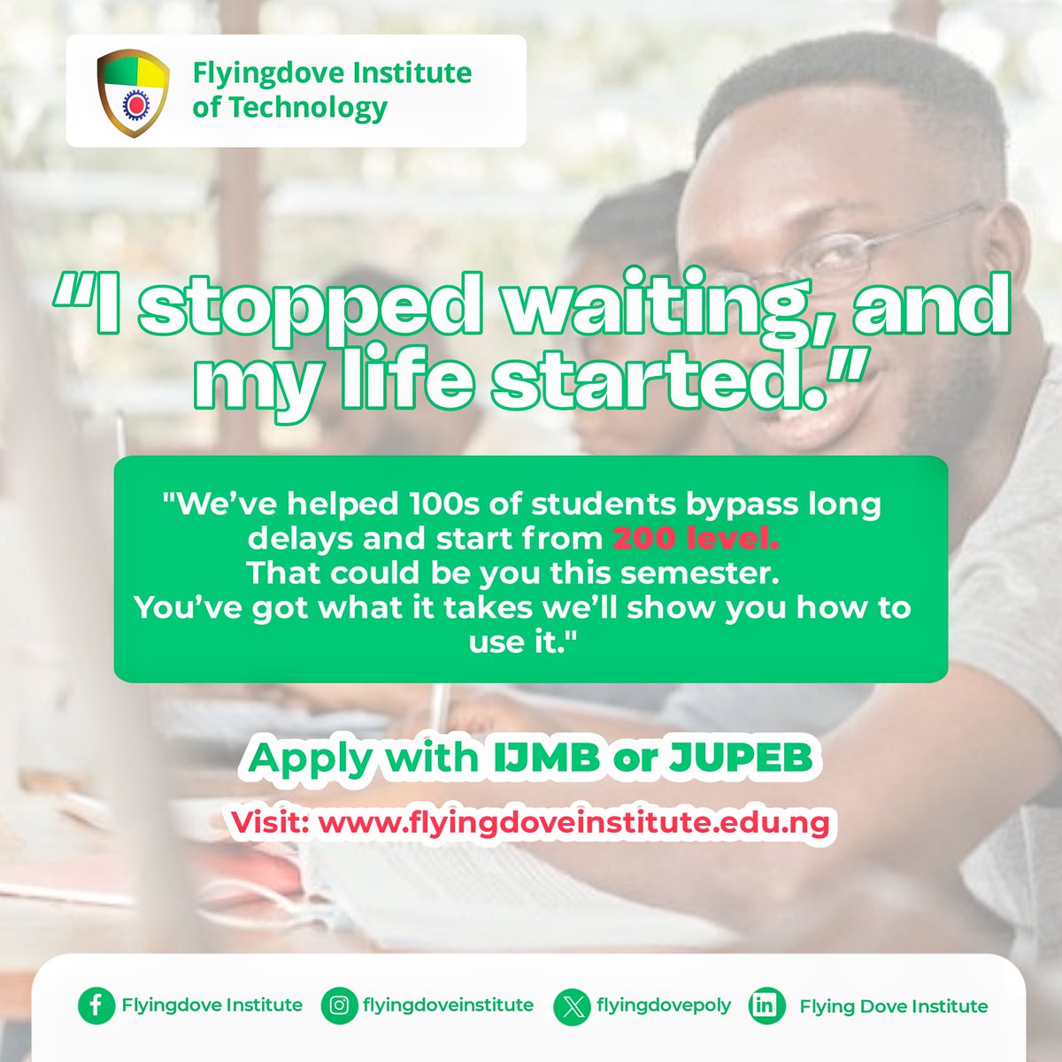 flyingdovepoly's tweet photo. 💬 “I stopped waiting… and my life started!” 🚀

Skip long admission delays &amp; start from 200 level with IJMB or JUPEB at Flyingdove Institute of Technology! 💥

Apply now 👉 https://t.co/DcaMSjMV8Z

#IJMB #JUPEB #FlyingdoveInstitute #StudySmart #fypシ #viralpost https://t.co/oYqRGhJt8i