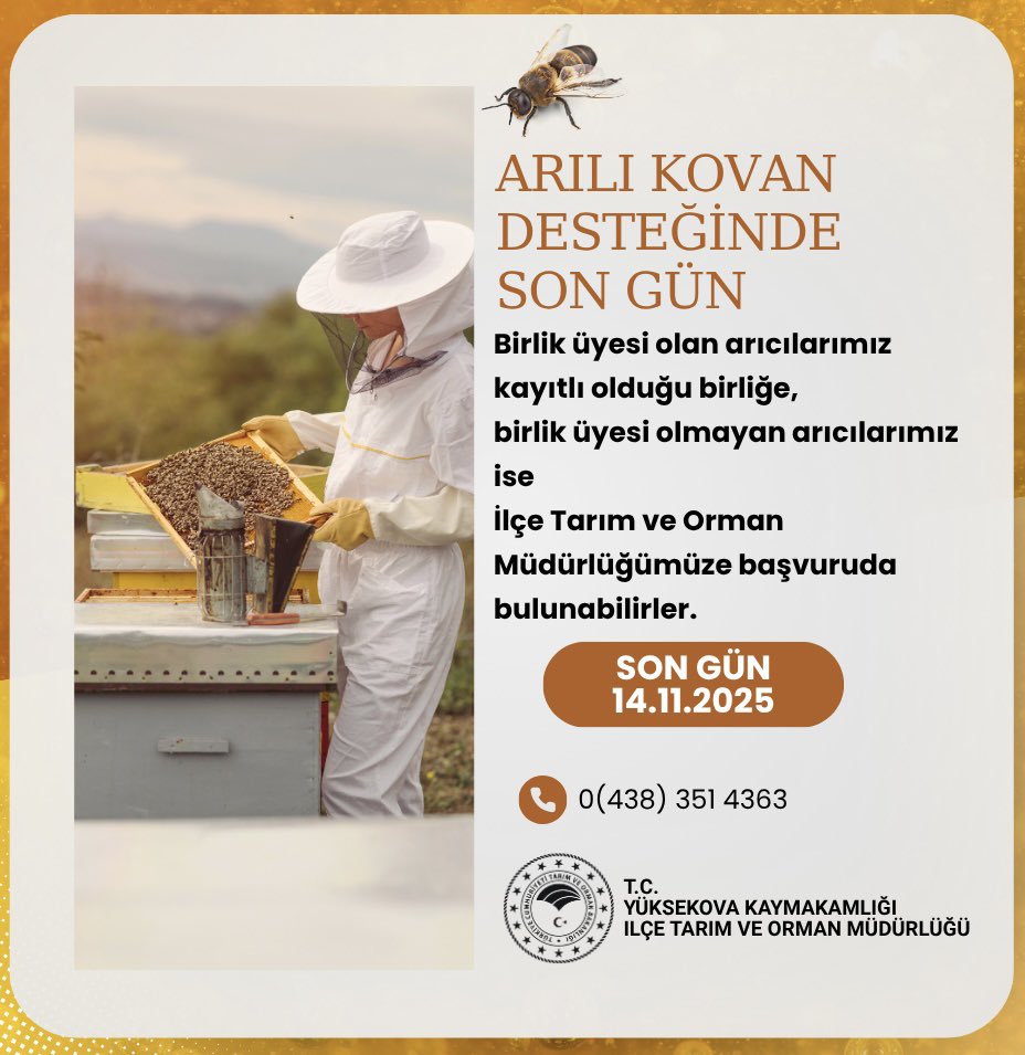 Arıcılık Desteği Başvurularında Son Gün

Arıcılık yapan tüm üreticilerimizin desteklerden faydalanabilmesi için başvurular devam ediyor.

Son Başvuru Tarihi: 14 Kasım 2025
Tespit İşlemleri Tarihi: 21 Kasım 2025
<a href="/ibrahimyumakli/">İbrahim Yumaklı</a> <a href="/alicelik_64/">Ali Çelik</a> <a href="/mvet73/">Murat inan</a>