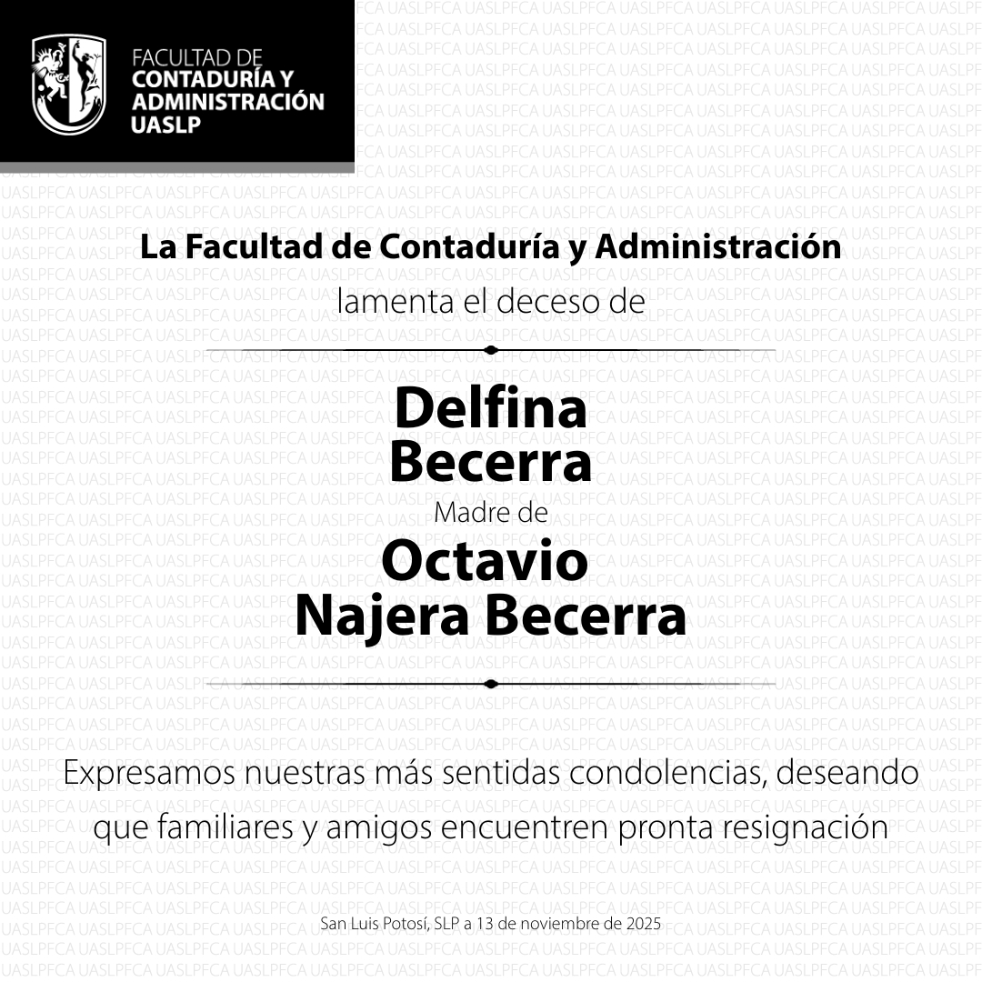 ⚫️ Lamentamos el deceso de Delfina Becerra madre de Octavio Najera Becerra docente de esta Facultad.

Expresamos nuestras más sentidas condolencias, deseando que familiares y amigos encuentren pronta resignación.