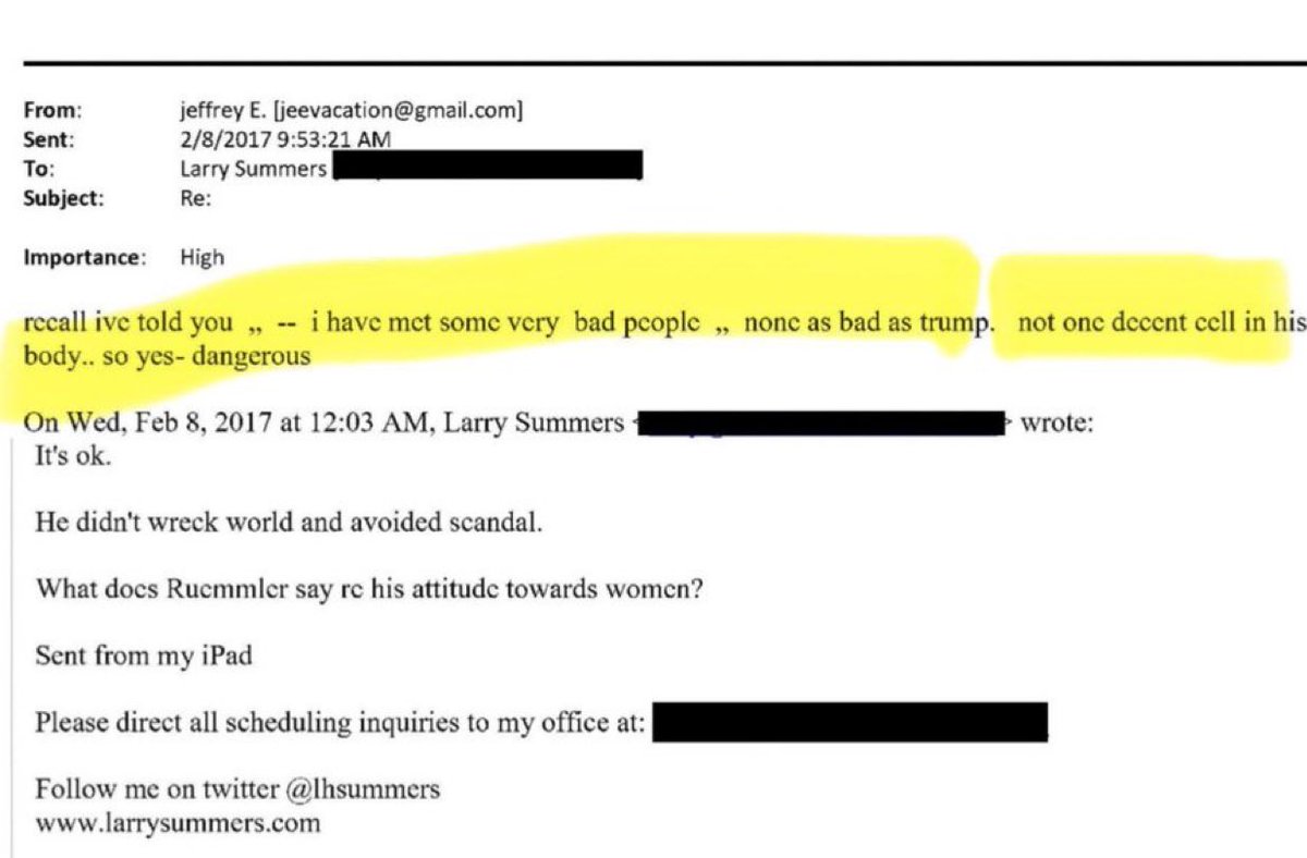 Эпштейн - Ларри Саммерсу:  «Я встречал очень плохих людей. Но ни один из них не был таким плохим, как Трамп. Ни одной порядочной клетки в его теле».