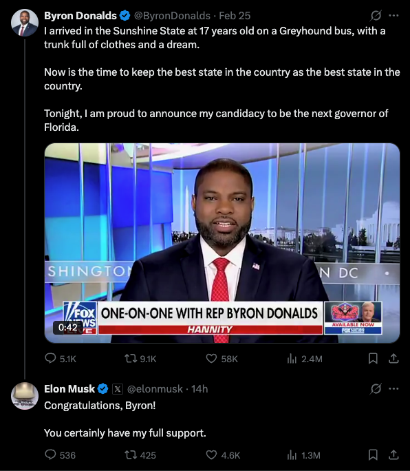🚨ELON MUSK: "[Byron Donalds] Congratulations, you certainly have my full support."

Will Byron be the next Governor of Florida?