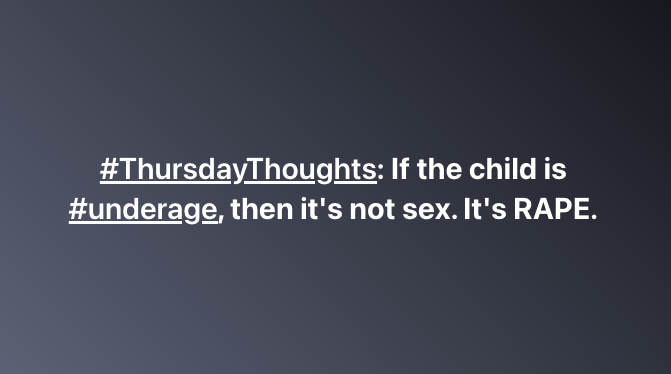 BaltimoreWisdom's tweet image. The #SexTrafficking of children effects our community. Our #ViolencePrevention efforts help child survivors #heal. Our larger society must never enable #ChildEndangerment. Language matters. This week many said, "He had sex with underage girls." NO! If underaged, it's RAPE!