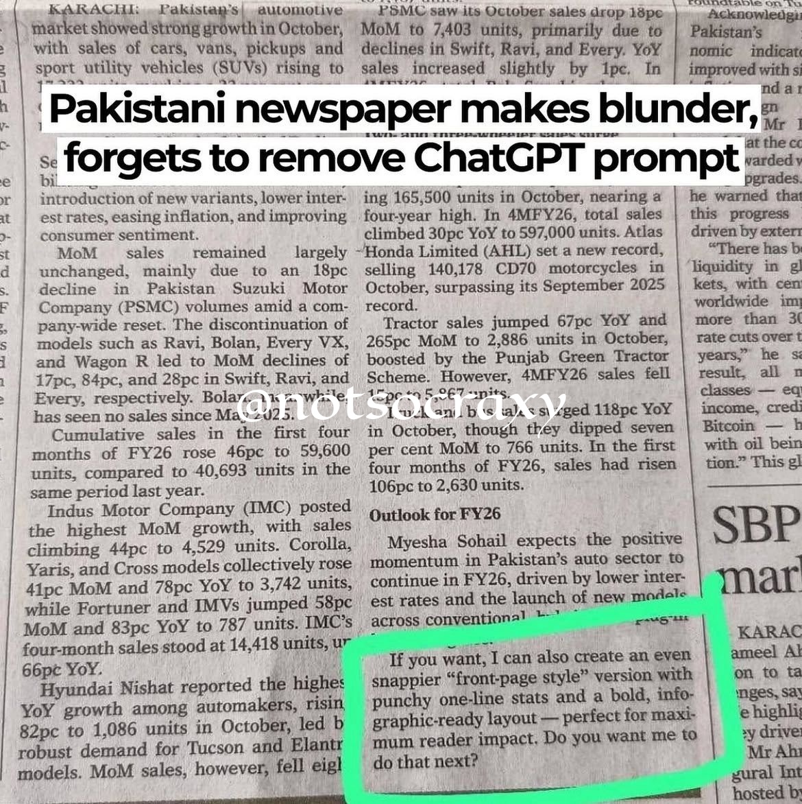 notsocraxy's tweet image. Pakistani newspaper forgets to remove ChatGPT prompt — even AI refused to take credit!💀🤡

#Pakistan #Newspaper #Blunder #AI #Credit