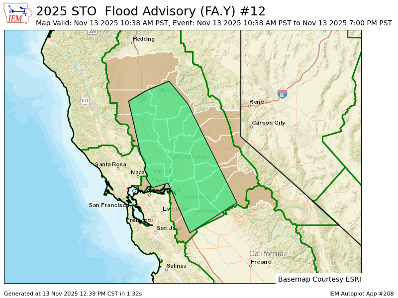 STO issues Flood Advisory for Amador, Butte, Calaveras, Colusa, El Dorado, Glenn, Nevada, Placer, Sacramento, San Joaquin, Solano, Stanislaus, Sutter, Tehama, Tuolumne, Yolo, Yuba [CA] till Nov 13, 7:00 PM PST mesonet.agron.iastate.edu/vtec/f/2025-O-…