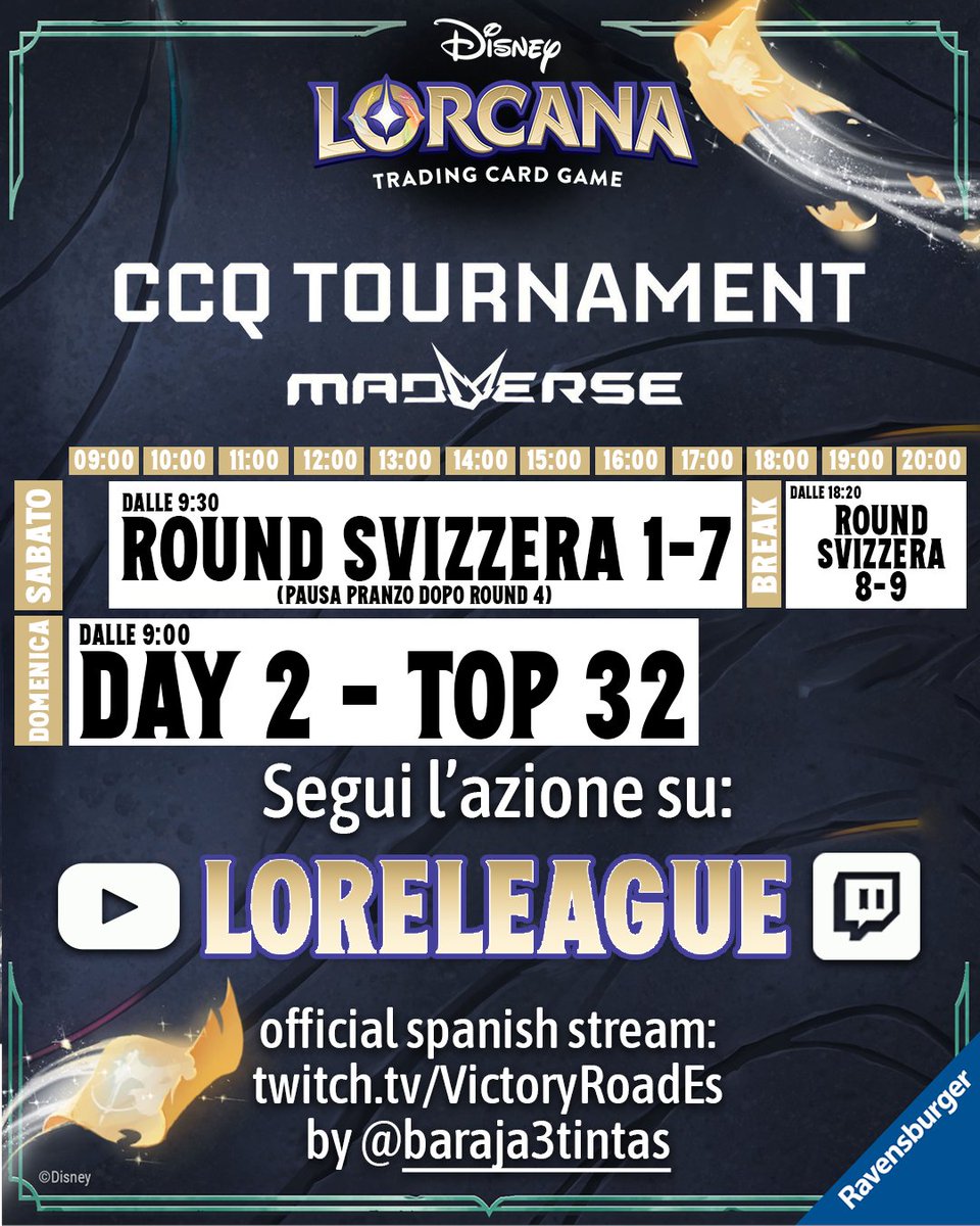 🎙Recast ufficiale italiano: CCQ Barcellona 🇮🇹 Questo fine settimana, non perdetevi il CCQ di Barcellona organizzato da <a href="/TCG_VictoryRoad/">Victory Road TCG</a> in diretta sui nostri canali YouTube e Twitch! 
Sabato 15 dalle 9:30 e domenica 16 dalle 9:00 in diretta su twitch.tv/loreleague