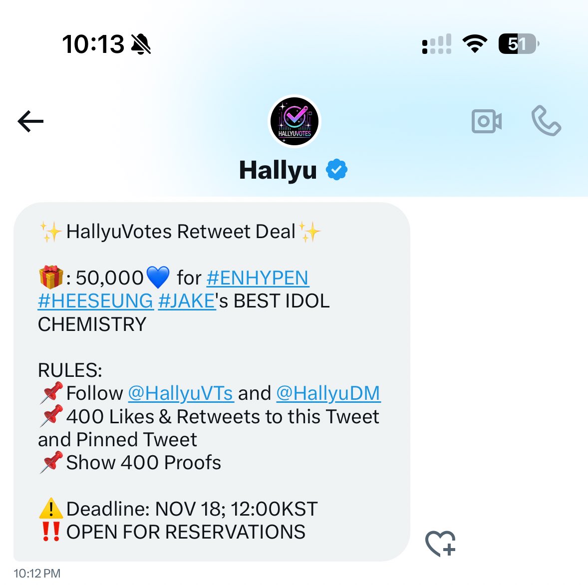 ✨HallyuVotes Retweet Deal✨

🎁: 50,000💙 for #ENHYPEN #HEESEUNG #JAKE's BEST IDOL CHEMISTRY 

RULES:
📌Follow <a href="/HallyuVTs/">Hallyu</a> and <a href="/HallyuDM/">Hallyu Messages 📨</a>
📌400 Likes &amp; Retweets to this Tweet and Pinned Tweet
📌Show 400 Proofs

⚠️Deadline: NOV 18; 12:00KST
‼️OPEN FOR RESERVATIONS