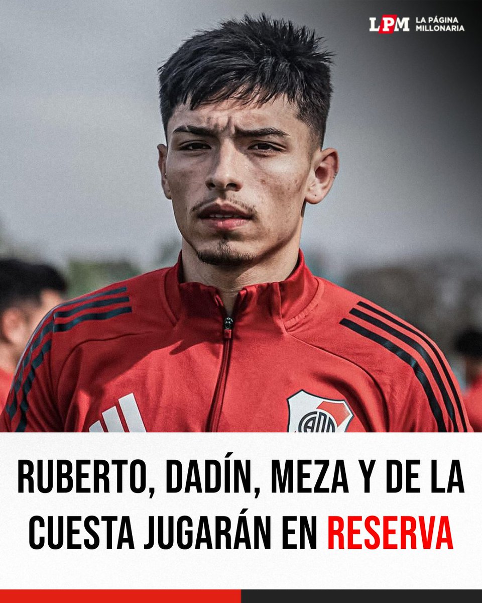 RiverLPM's tweet photo. ⛔⚠️ Agustín Ruberto, Bautista Dadín, Juan Cruz Meza y Agustín De la Cuesta están convocados para el partido de la Reserva. Los pibes juegan hoy a las 19:00 horas vs. Tigre por los octavos de final.

En cambio, Thiago Acosta y Agustín Obregón NO están en la lista y se espera que ambos sean convocados por el Muñeco para visitar a Vélez, aunque su lugar estaría en el banco de suplentes.