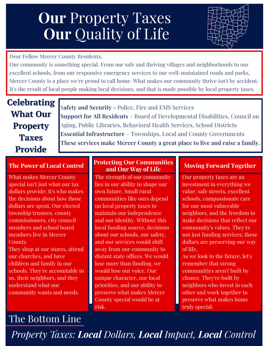 MikePohlman1's tweet photo. A collaborative message on "Your taxes at work- right here at home" from the Board of DD, EMS, Council on Aging, ADAHMS, Public Library, County Commissioners, Township, Villages, Law Enforcement and Fire, Mercer County Schools, and Health Dept. https://t.co/I6fm42MsfS